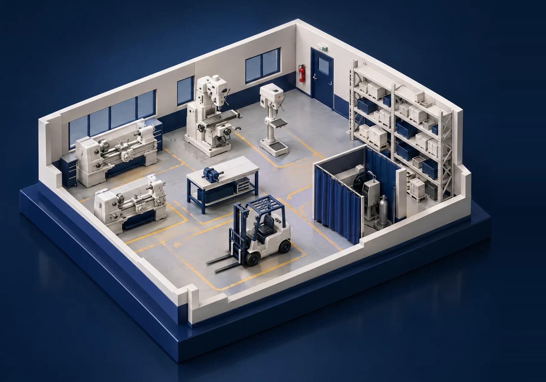 Modello in scala di un'officina meccanica con quattro pericoli segnalati da spilli colorati: pavimento, indice 4, accettabile; fresatrice, indice 6, modesto; trapano, indice 7, grave; saldatura, indice 10, gravissimo.