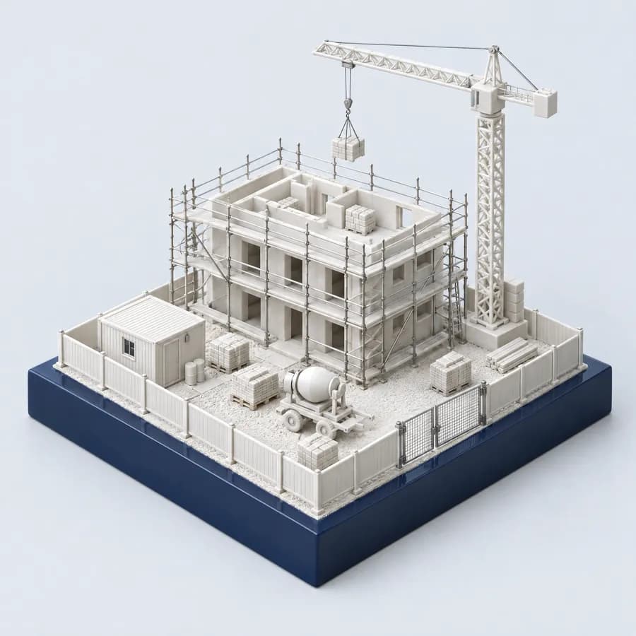 Modello in scala di un cantiere con ponteggi e gru