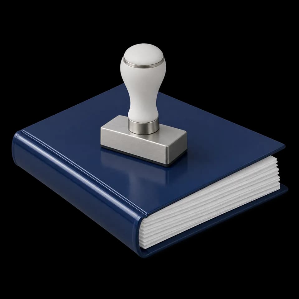 Documento rilegato in blu con un timbro