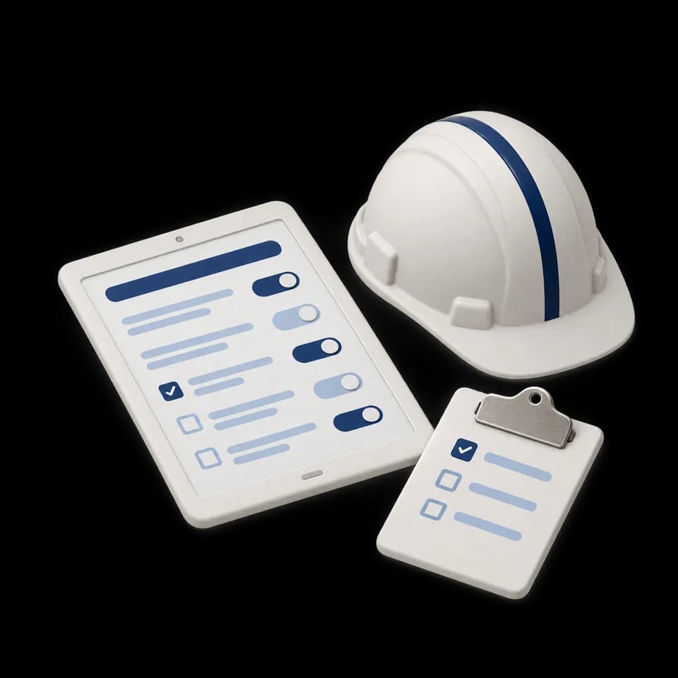 Tablet con il questionario di sopralluogo, casco e lista di controllo