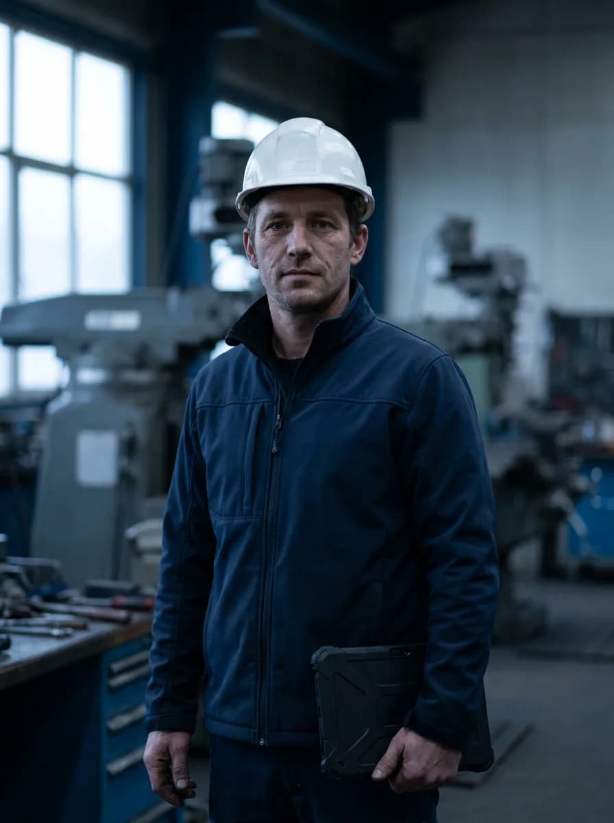 Tecnico della sicurezza con tablet in officina