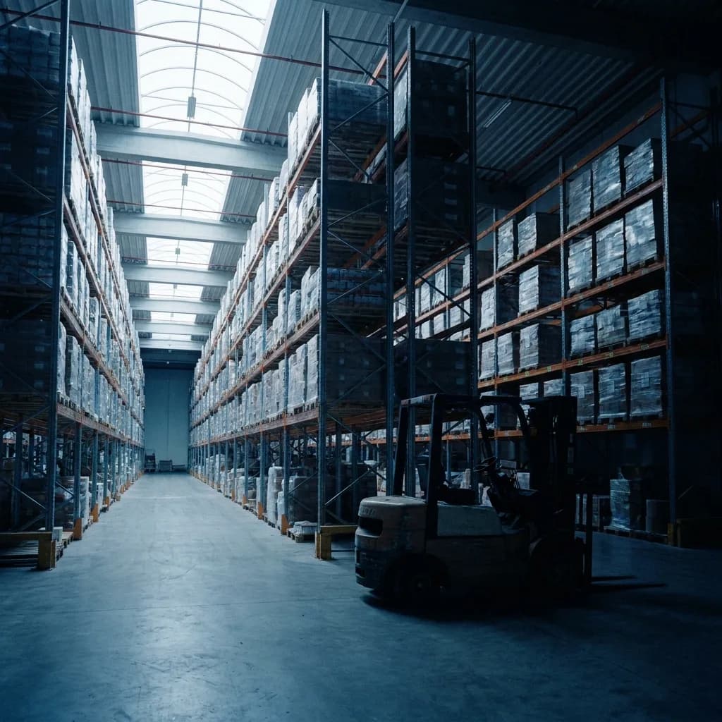 Magazzino con scaffalature e carrello elevatore